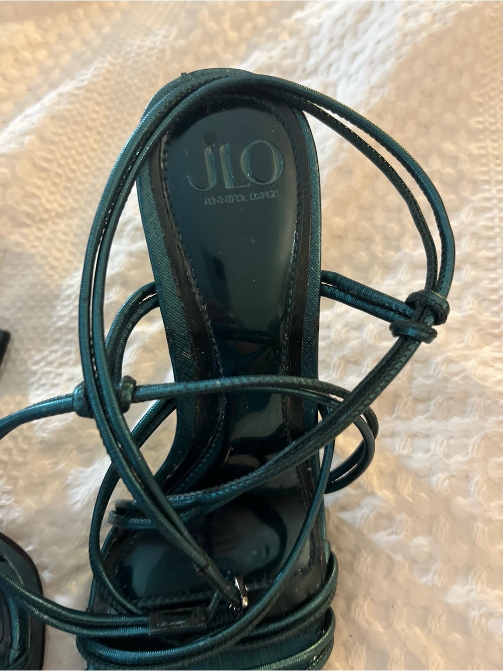 Jennifer Lopez Teal Wrap Lace-Up Square-Toe Heels - Picture 6 of 9